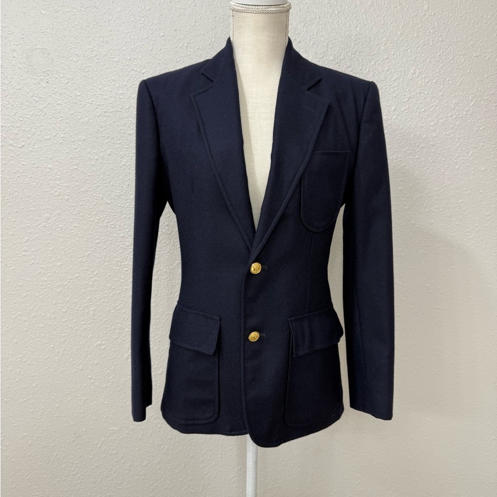 Vintage 90s Ralph Lauren Navy Wool Blazer Gold Crest Buttons Made in USA Size S